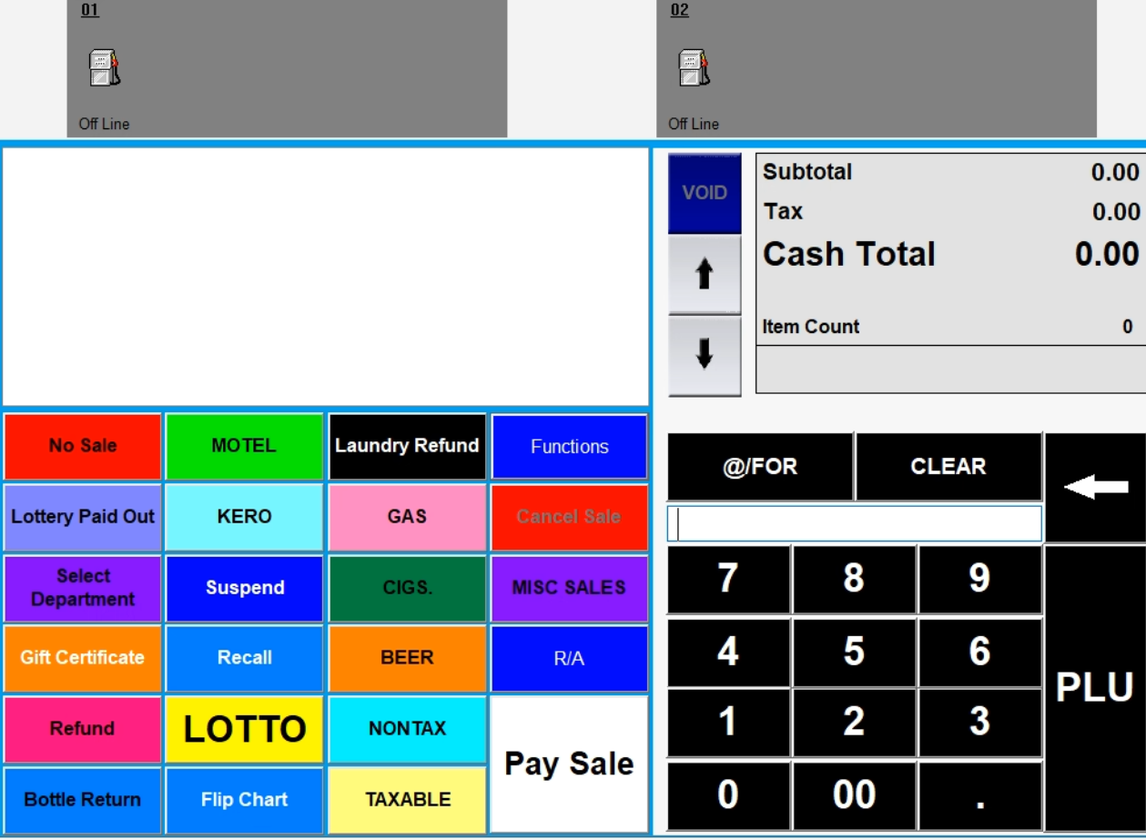 Diamondscan POS for a convenience store with gas, cigarettes, beer, lottery, and pump status
