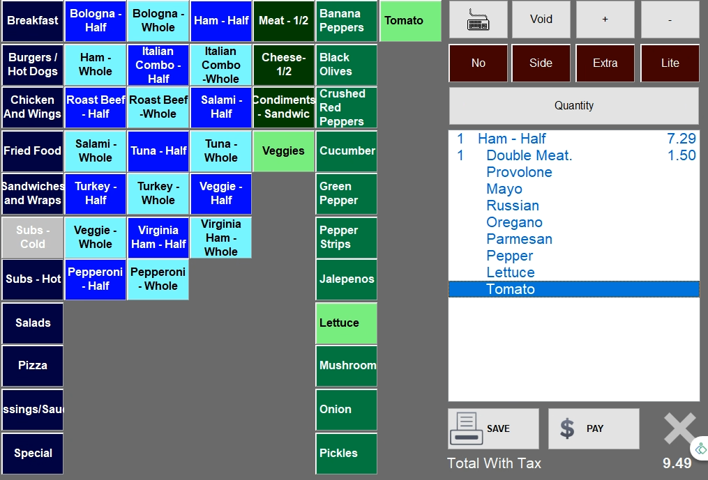Diamondscan POS customized deli food-order screen