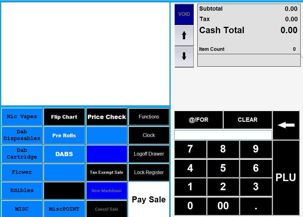 Diamondscan POS customized for a smoke shop with nic vapes, flower, edibles, pre-rolls, and dabs buttons