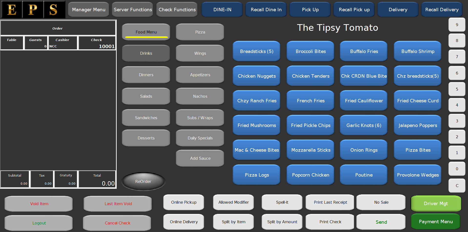 Tipsy Tomato pizza order screen with dine-in, pickup, delivery, and online pickup/delivery buttons