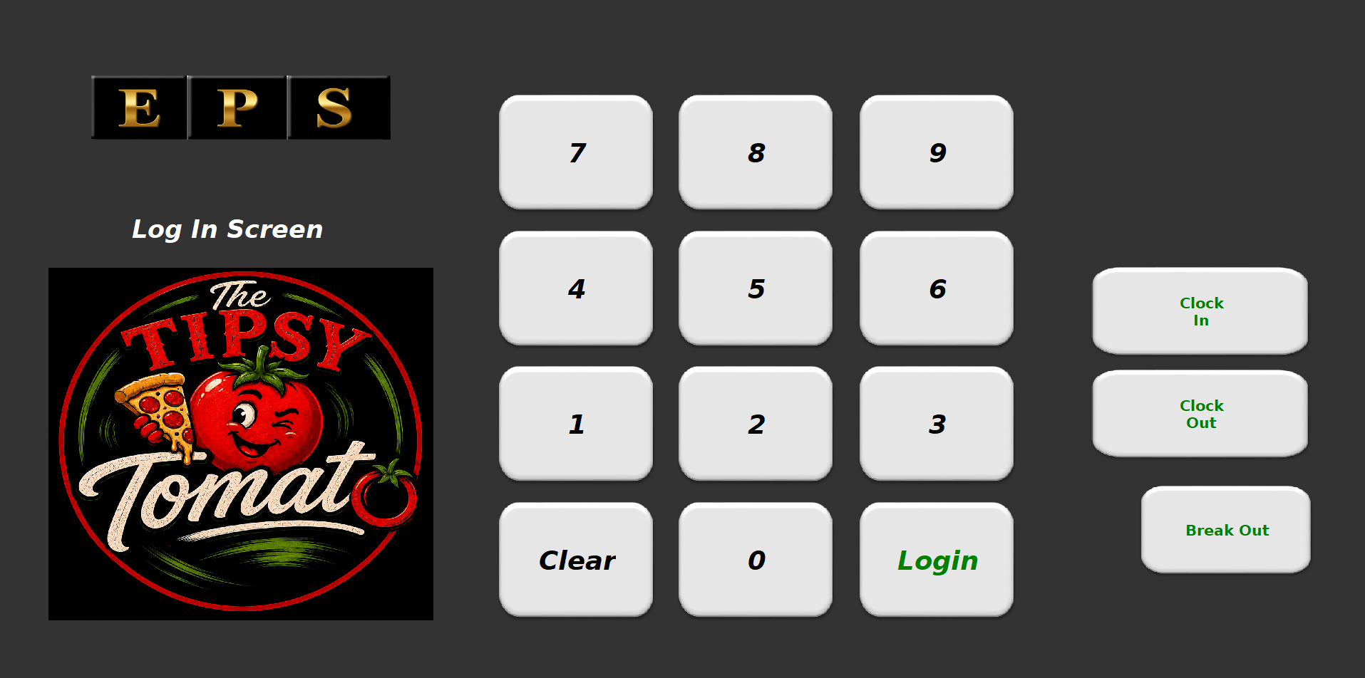 Tipsy Tomato login and timeclock screen on NCC Reflection with EPS branding